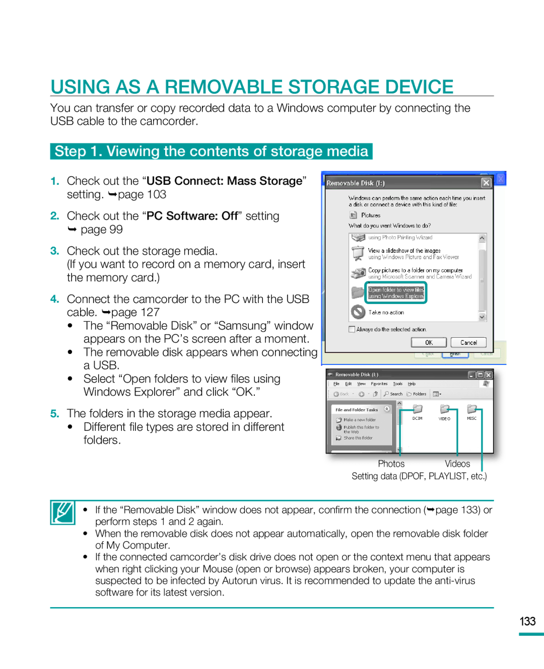 Samsung HMX-R10 user manual Using AS a Removable Storage Device, Viewing the contents of storage media 