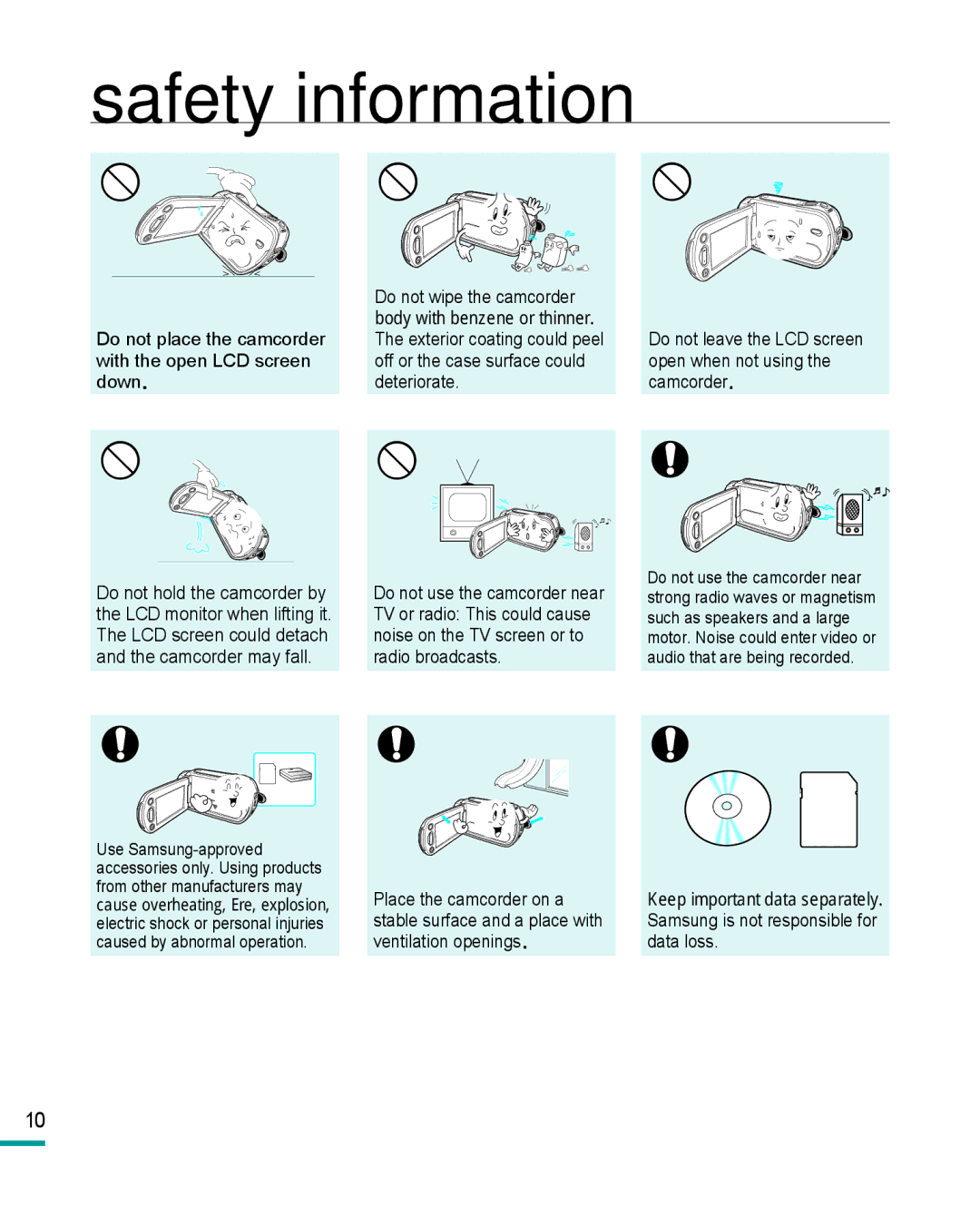 Samsung HMX-R10 user manual Safety information 