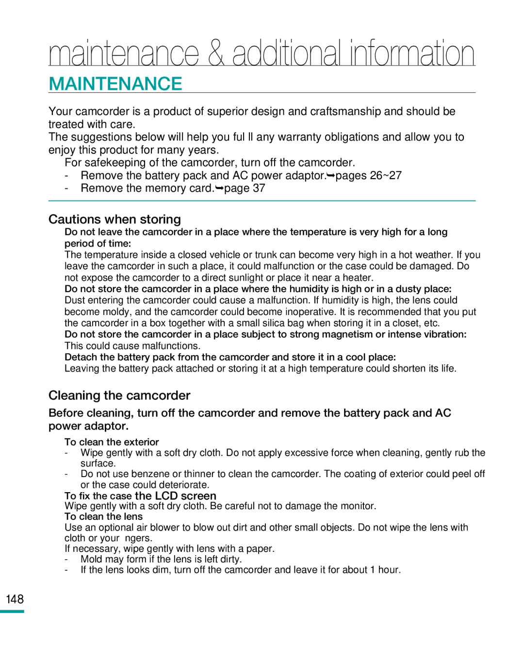 Samsung HMX-R10 user manual Maintenance, 148 