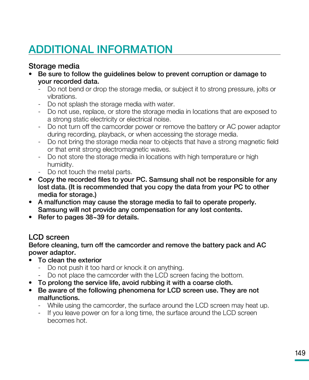 Samsung HMX-R10 user manual Additional Information, Storage media 