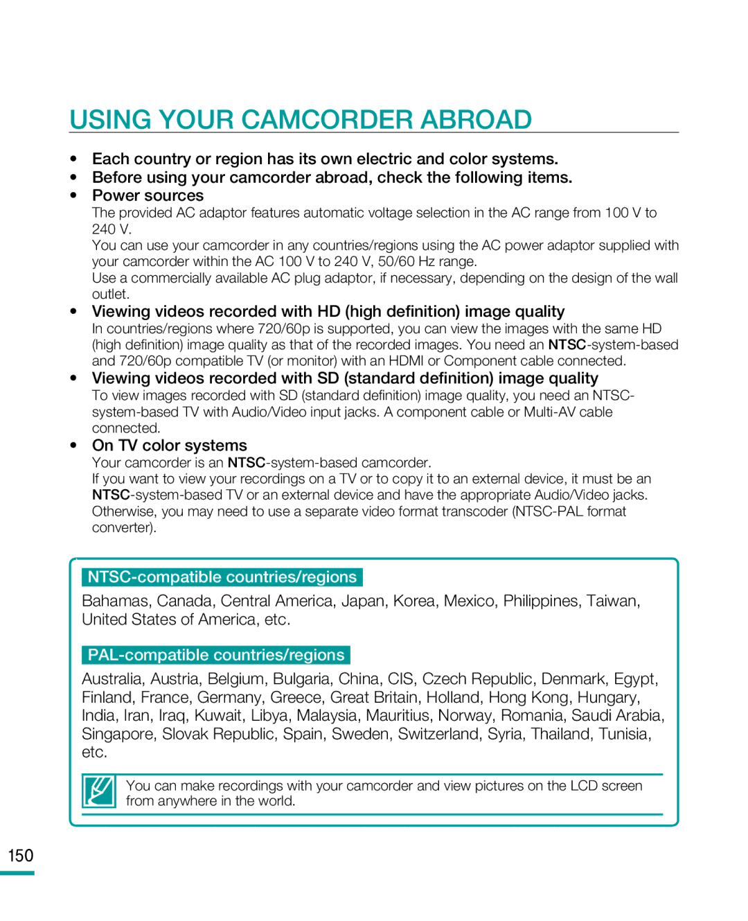 Samsung HMX-R10 user manual Using Your Camcorder Abroad, On TV color systems, 150 