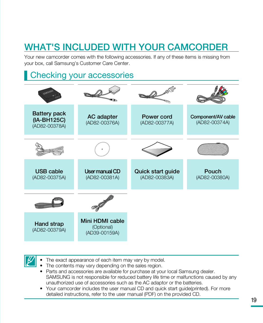 Samsung HMX-R10 user manual Whats Included with Your Camcorder, Checking your accessories 