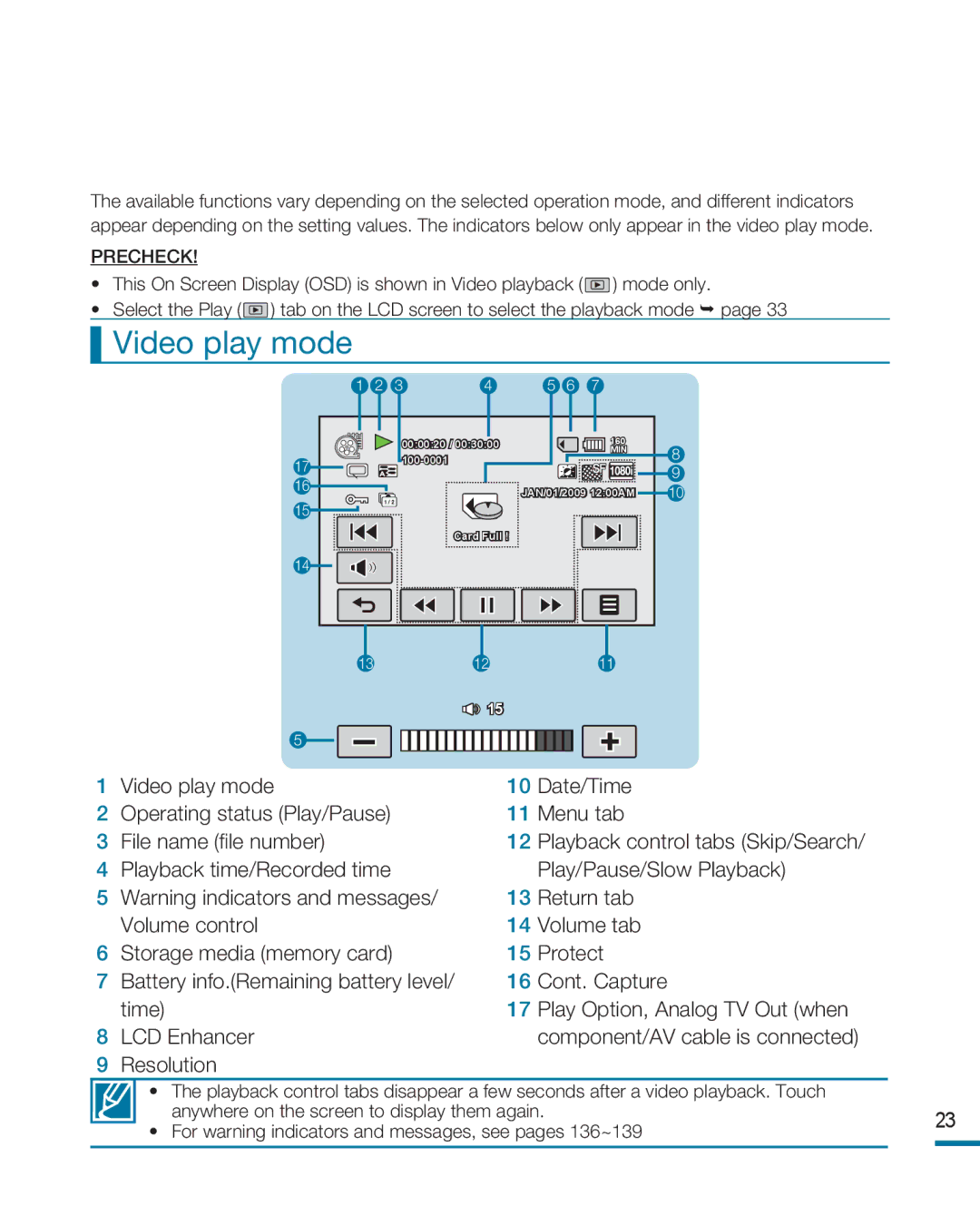 Samsung HMX-R10 user manual Video play mode, Return tab Volume tab Protect Cont. Capture 