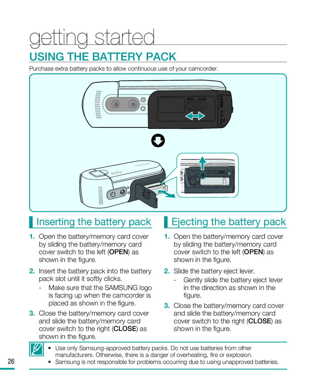 Samsung HMX-R10 user manual Getting started, Using the Battery Pack, Inserting the battery pack, Ejecting the battery pack 