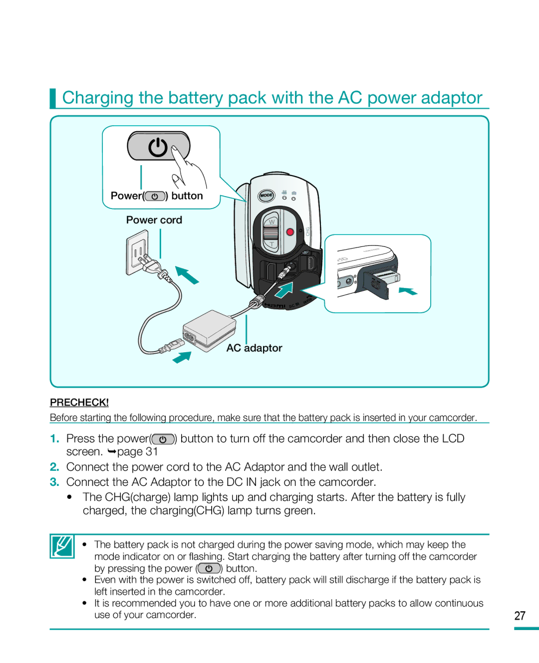 Samsung HMX-R10 user manual Charging the battery pack with the AC power adaptor, AC adaptor 