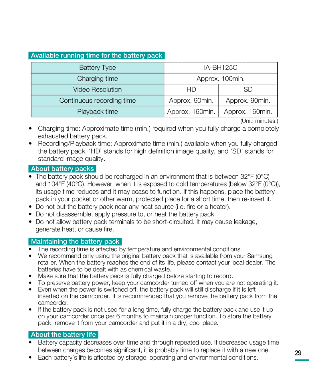 Samsung HMX-R10 user manual Available running time for the battery pack 