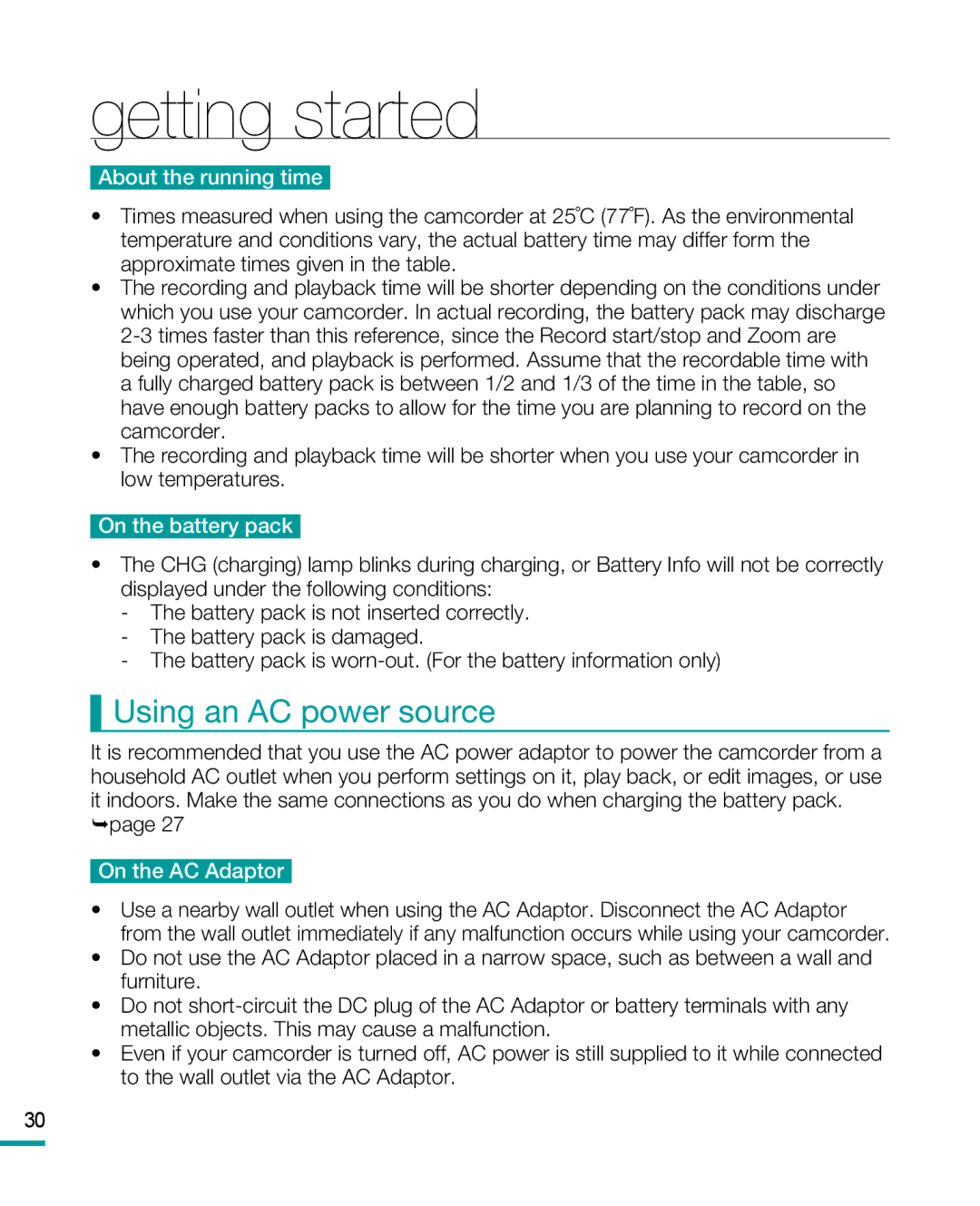 Samsung HMX-R10 user manual Using an AC power source, page 