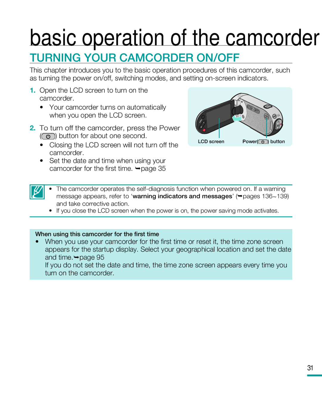 Samsung HMX-R10 user manual Turning Your Camcorder ON/OFF, Open the LCD screen to turn on the camcorder 