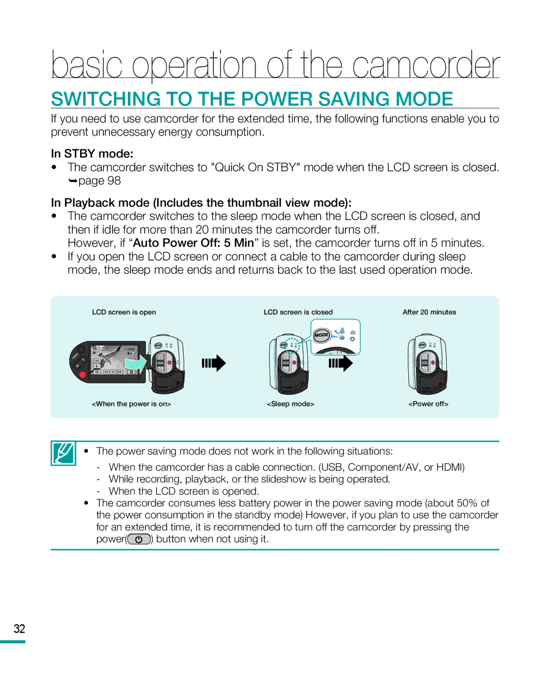 Samsung HMX-R10 user manual Switching to the Power Saving Mode 