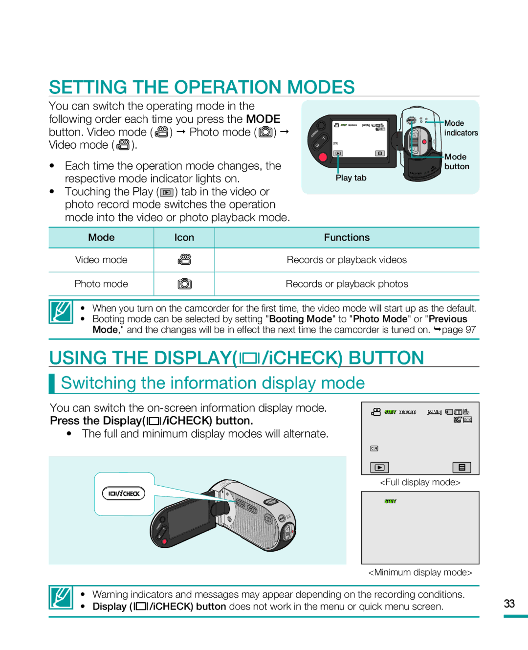 Samsung HMX-R10 Setting the Operation Modes, Using the Display /iCHECK Button, Switching the information display mode 