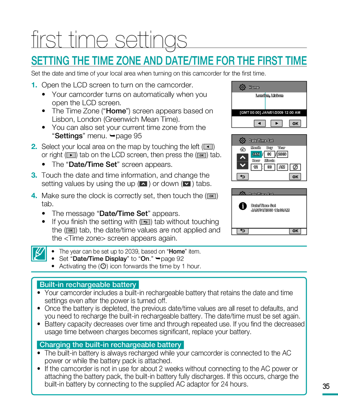 Samsung HMX-R10 user manual First time settings, Time zone screen appears again 