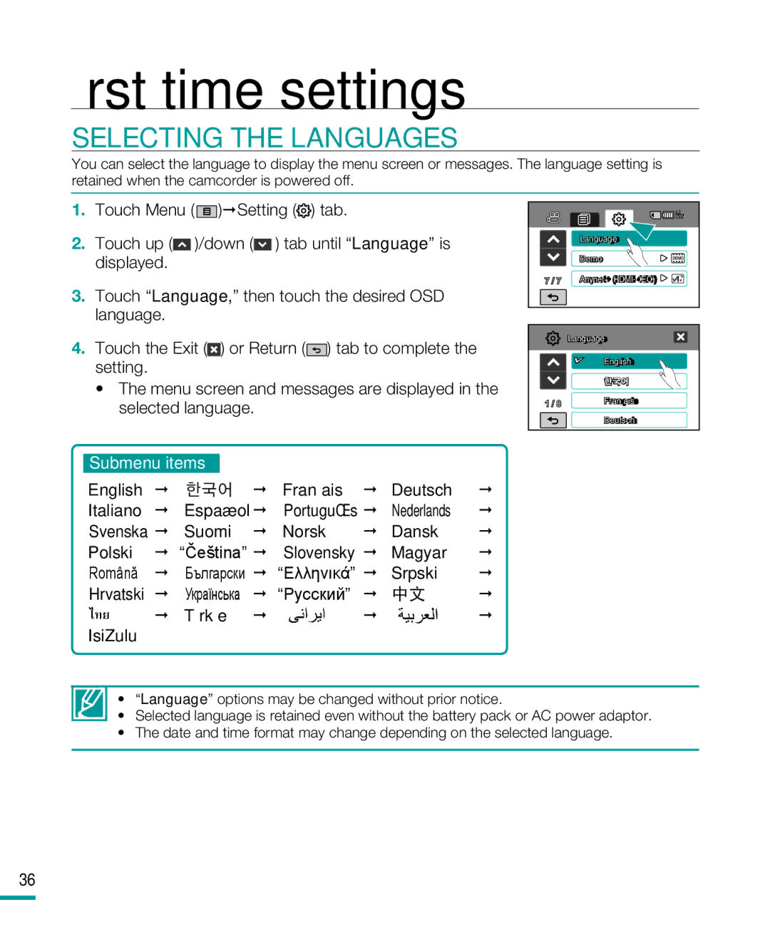 Samsung HMX-R10 user manual Selecting the Languages, Svenska Suomi  Norsk  Dansk Polski,  Türkçe  IsiZulu 