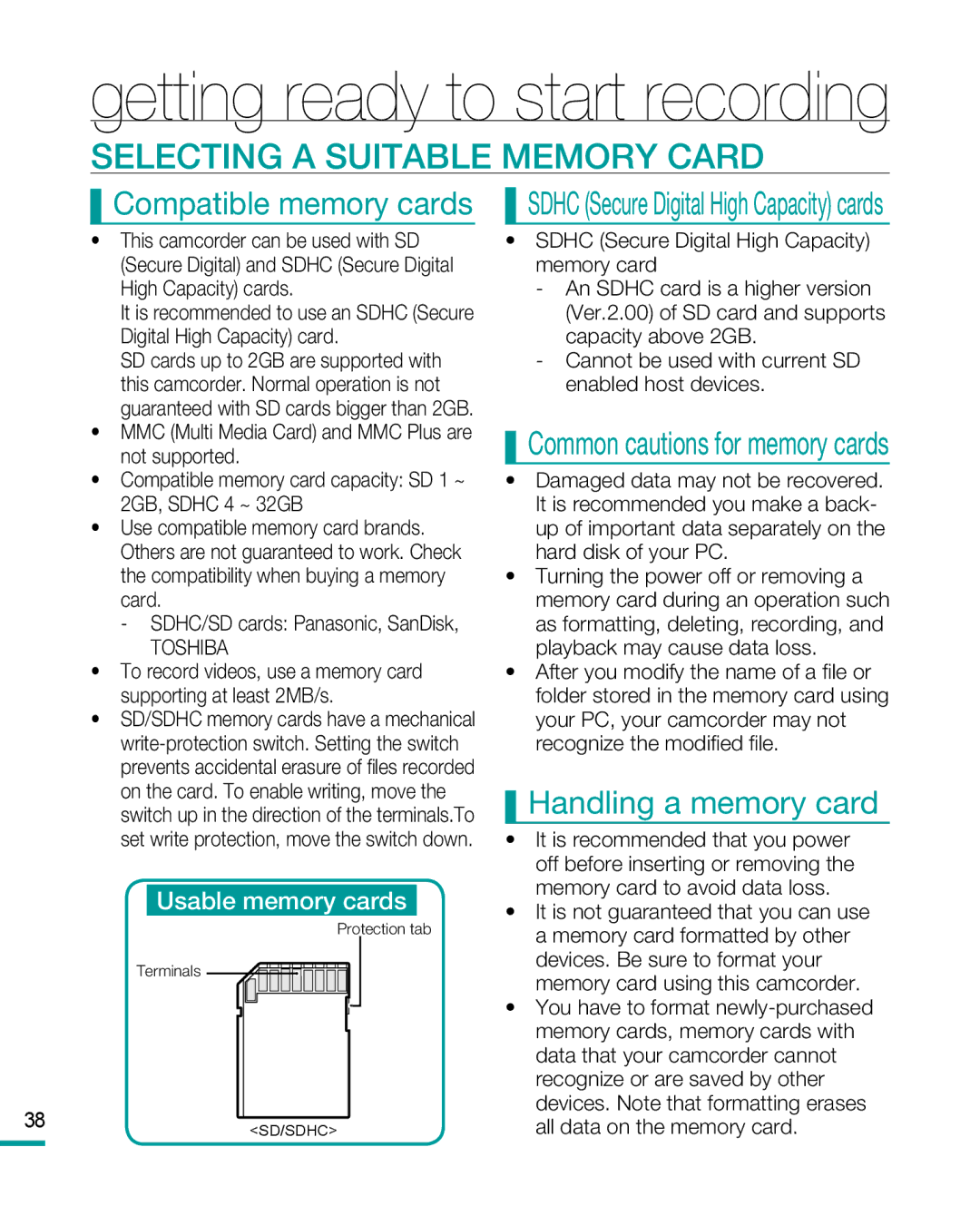 Samsung HMX-R10 user manual Selecting a Suitable Memory Card, Compatible memory cards, Handling a memory card 