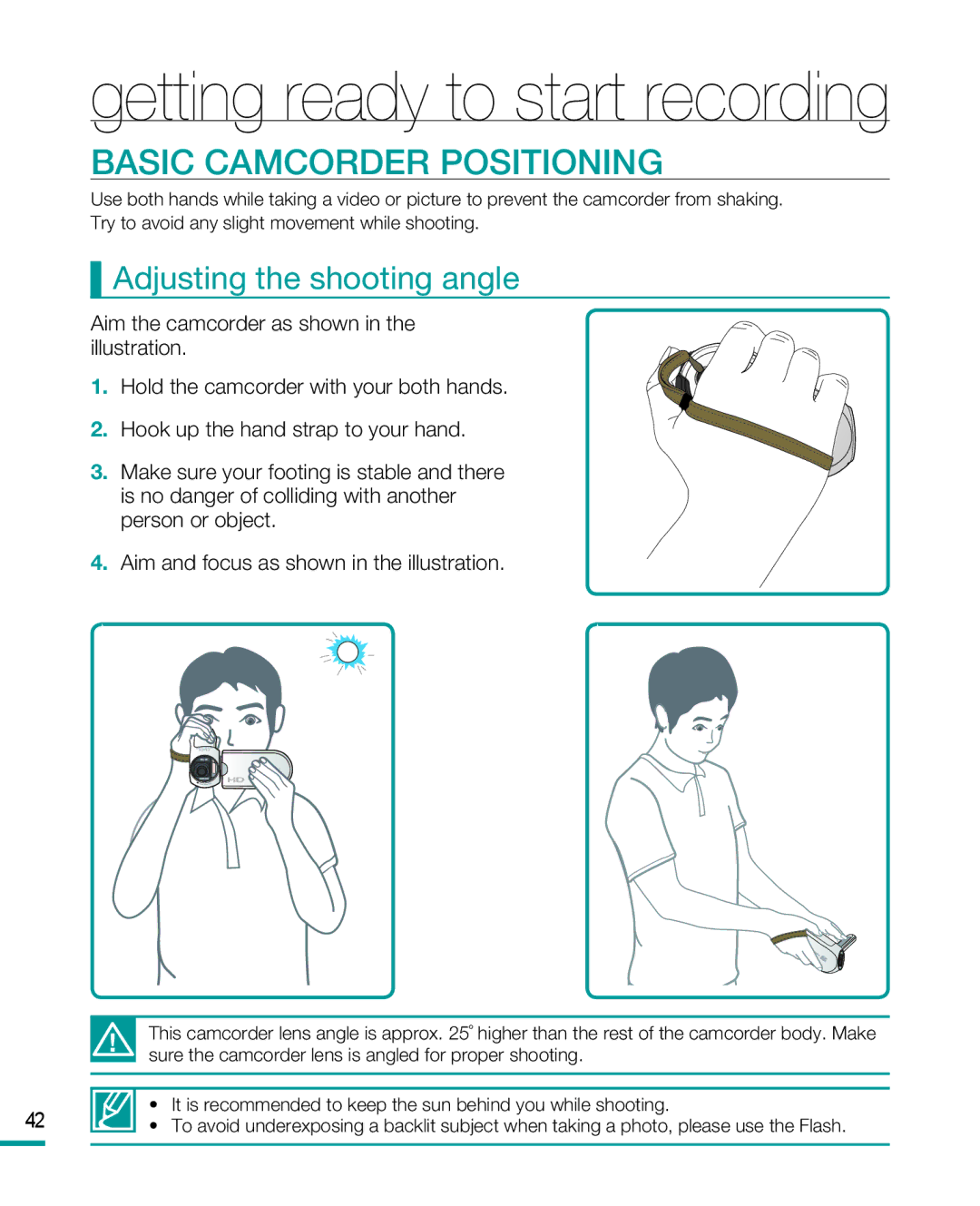 Samsung HMX-R10 user manual Basic Camcorder Positioning, Adjusting the shooting angle 