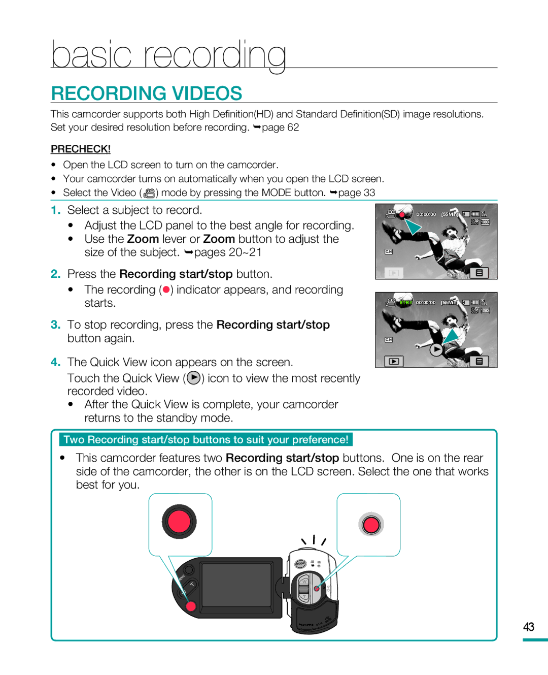 Samsung HMX-R10 user manual Basic recording, Recording Videos 