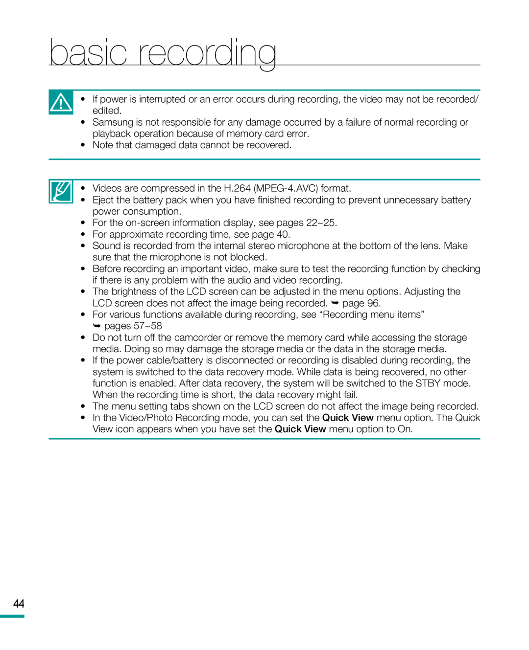 Samsung HMX-R10 user manual Basic recording 