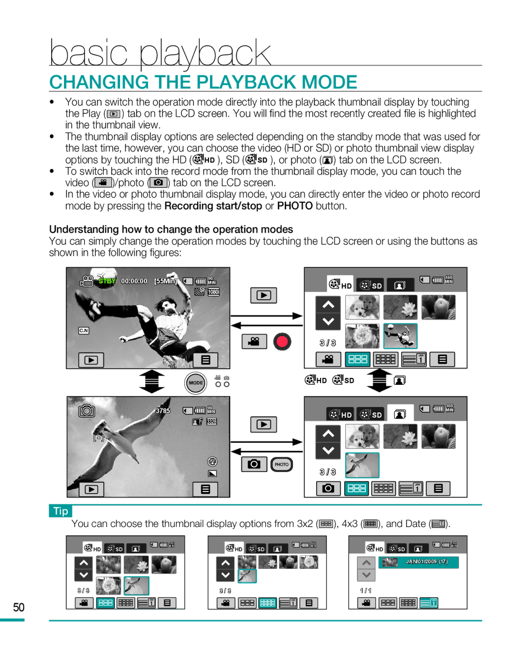 Samsung HMX-R10 user manual Basic playback, Changing the Playback Mode 