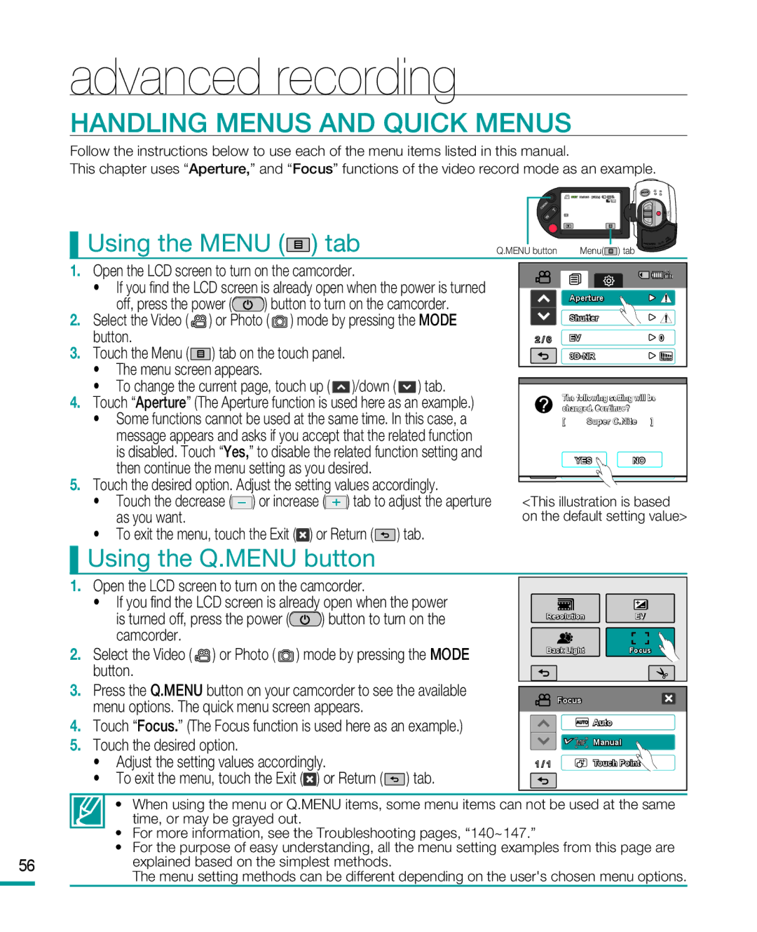 Samsung HMX-R10 user manual Handling Menus and Quick Menus, Using the Q.MENU button 