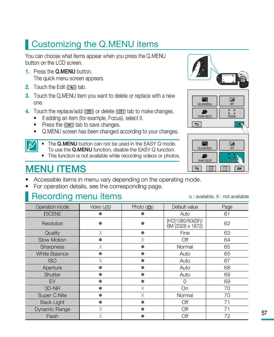 Samsung HMX-R10 user manual Menu Items, Customizing the Q.MENU items, Recording menu items 