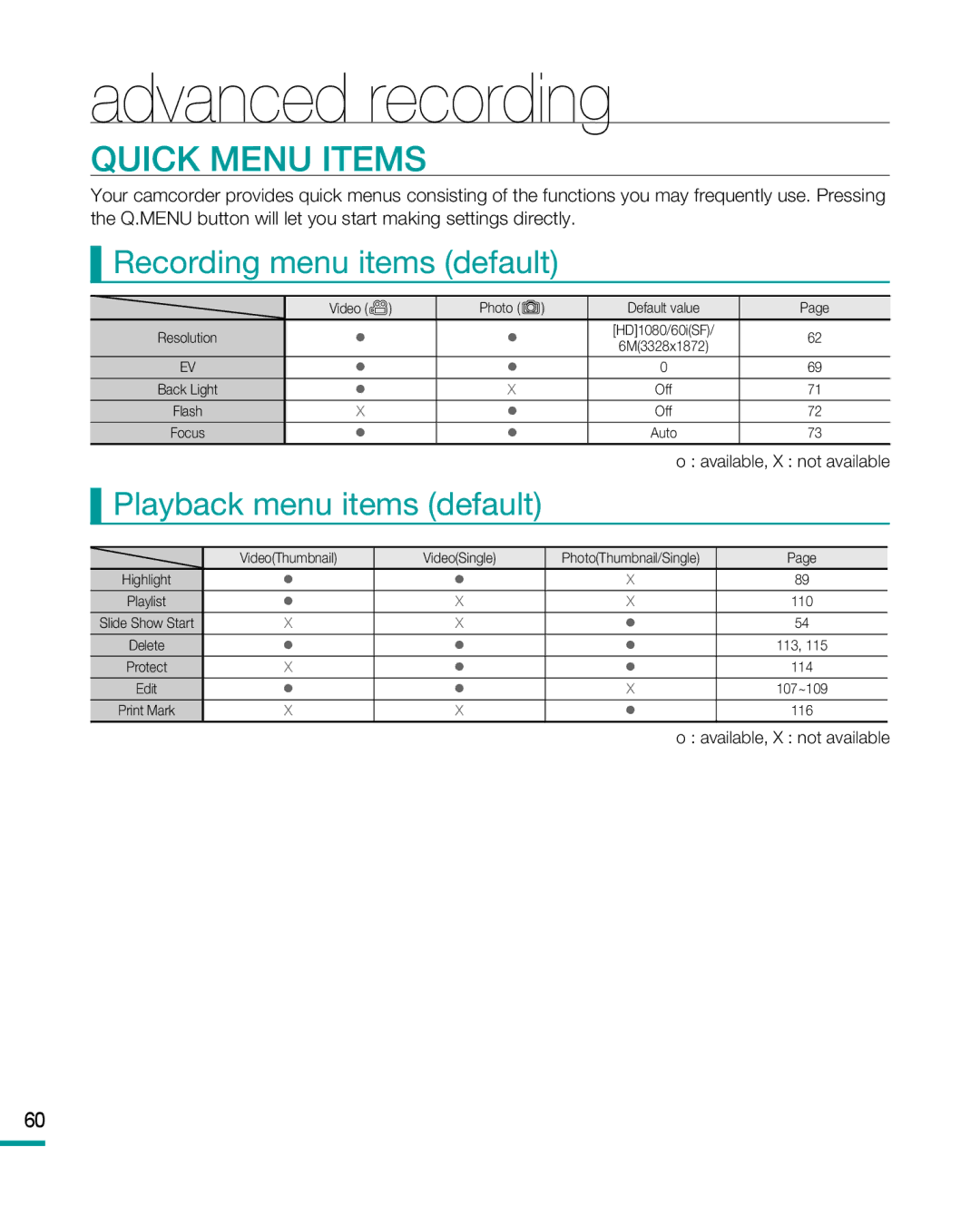 Samsung HMX-R10 user manual Quick Menu items, Recording menu items default, Playback menu items default 