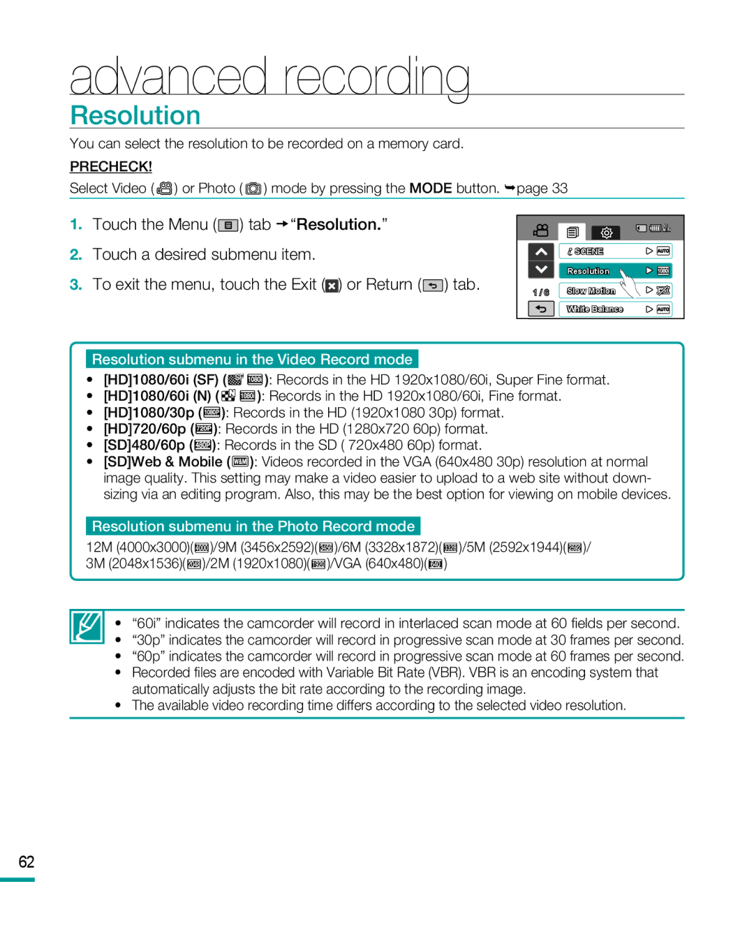 Samsung HMX-R10 user manual Resolution submenu in the Video Record mode 