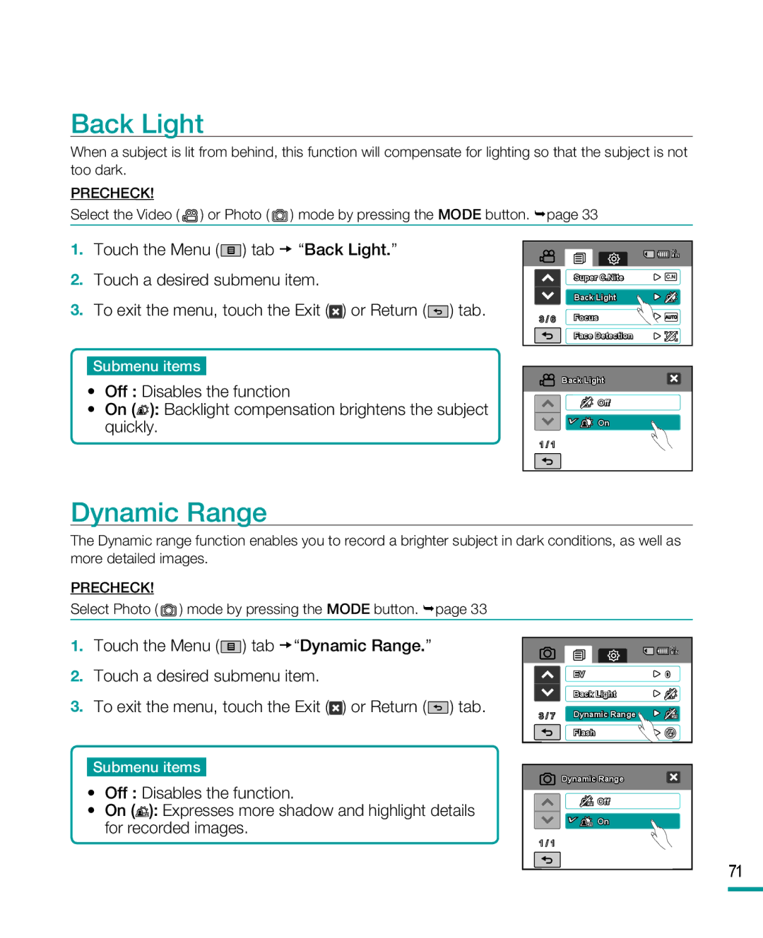 Samsung HMX-R10 user manual Back Light, Dynamic Range 