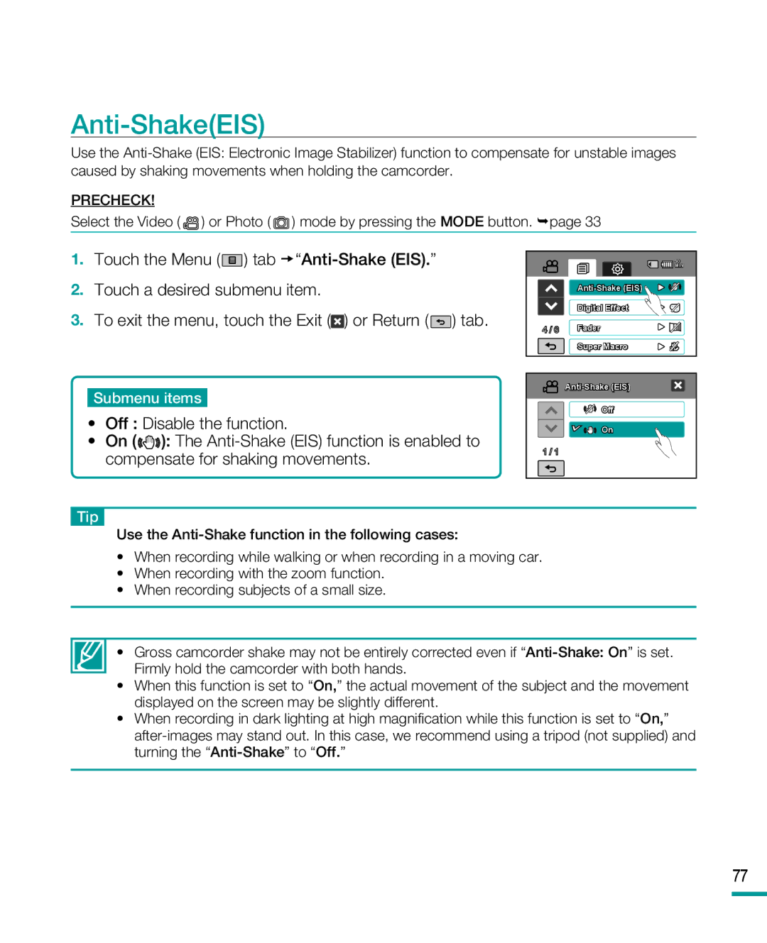 Samsung HMX-R10 user manual Anti-ShakeEIS 