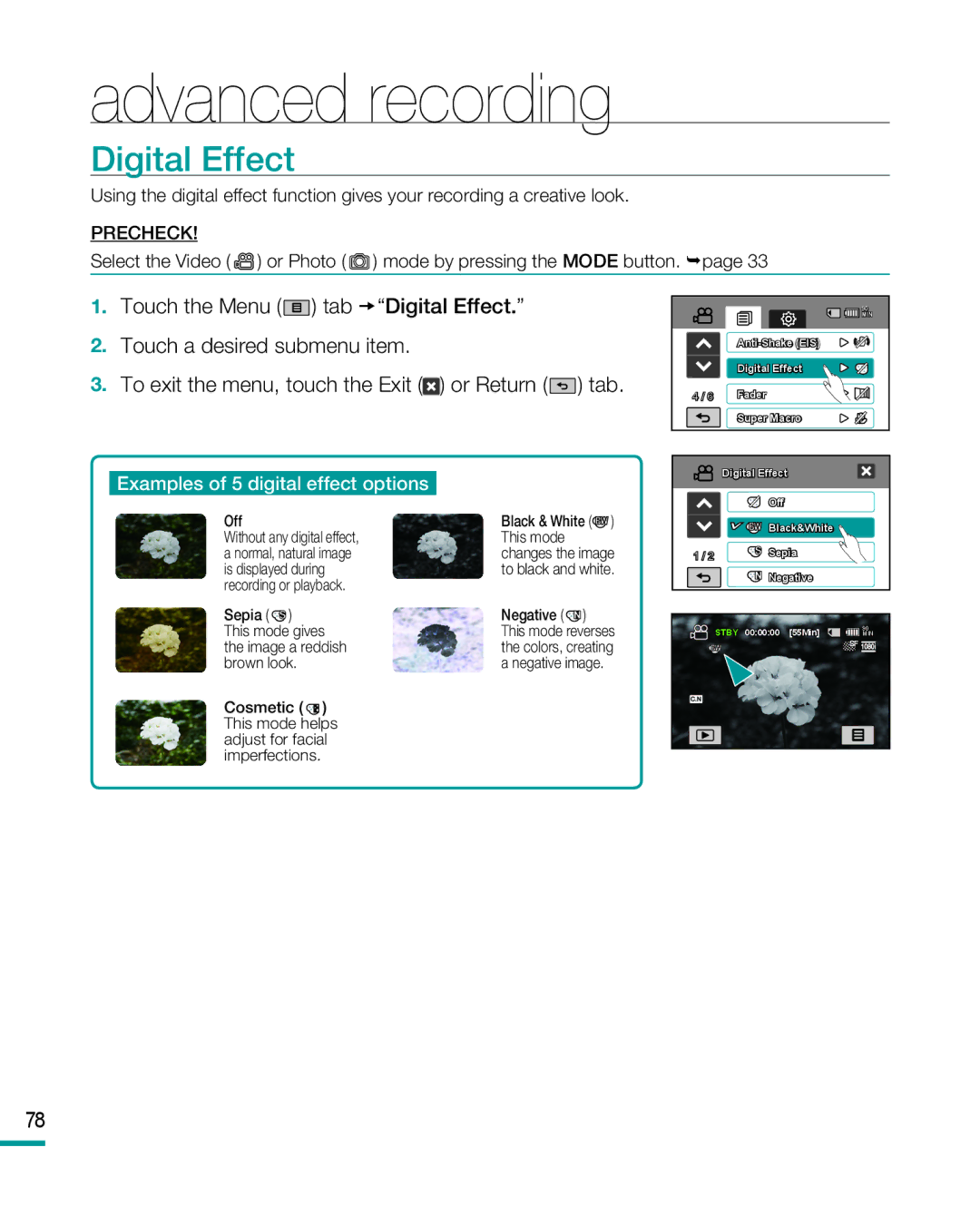 Samsung HMX-R10 user manual Digital Effect, Examples of 5 digital effect options 