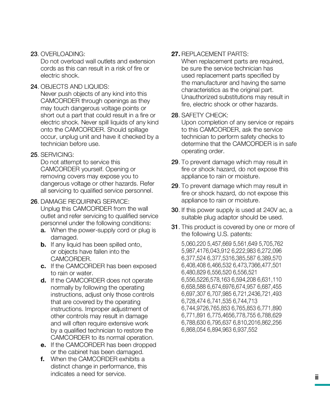 Samsung HMX-R10 user manual Iii, Overloading 