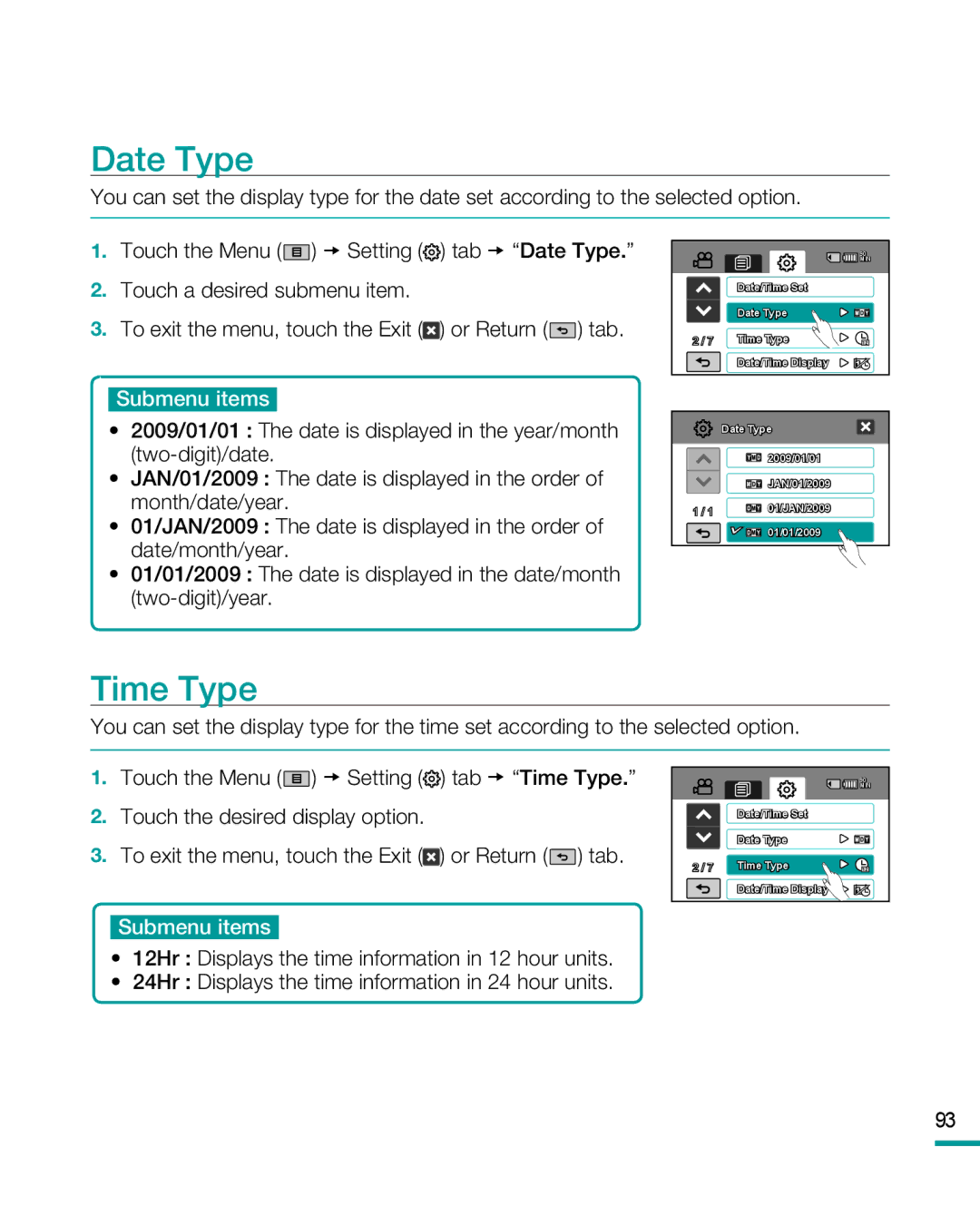 Samsung HMX-R10 user manual Date Type, Time Type 