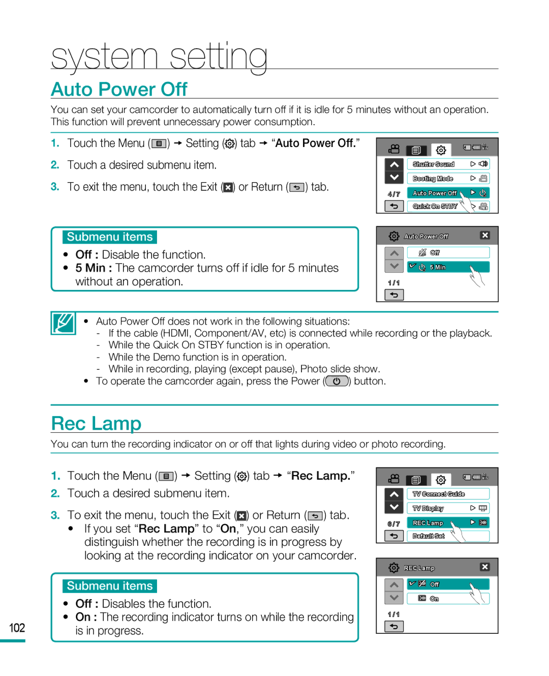 Samsung HMX-R10BP, HMX-R10SP user manual Auto Power Off, Rec Lamp, Is in progress 