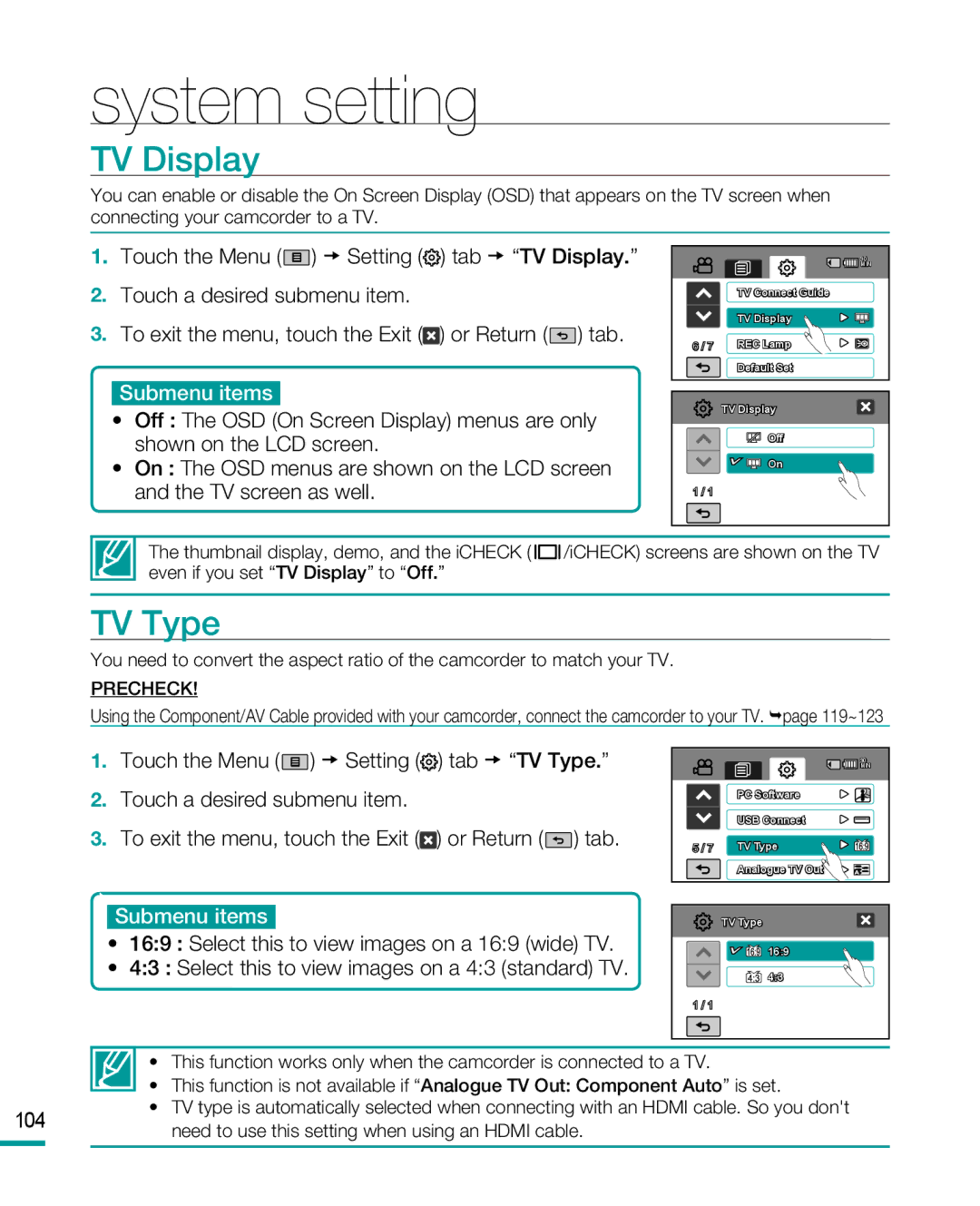 Samsung HMX-R10BP, HMX-R10SP user manual TV Display, TV Type 