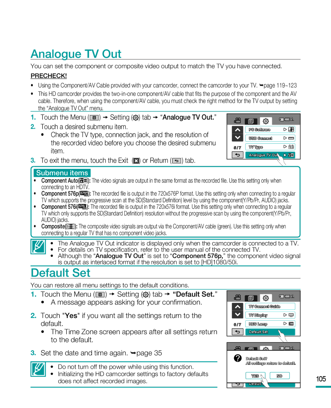 Samsung HMX-R10SP, HMX-R10BP user manual Analogue TV Out, Default Set 