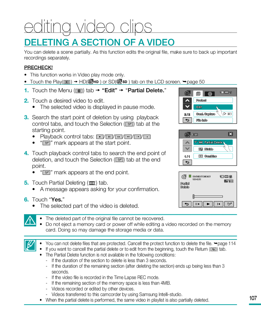 Samsung HMX-R10SP, HMX-R10BP user manual Editing video clips, Deleting a Section of a Video 