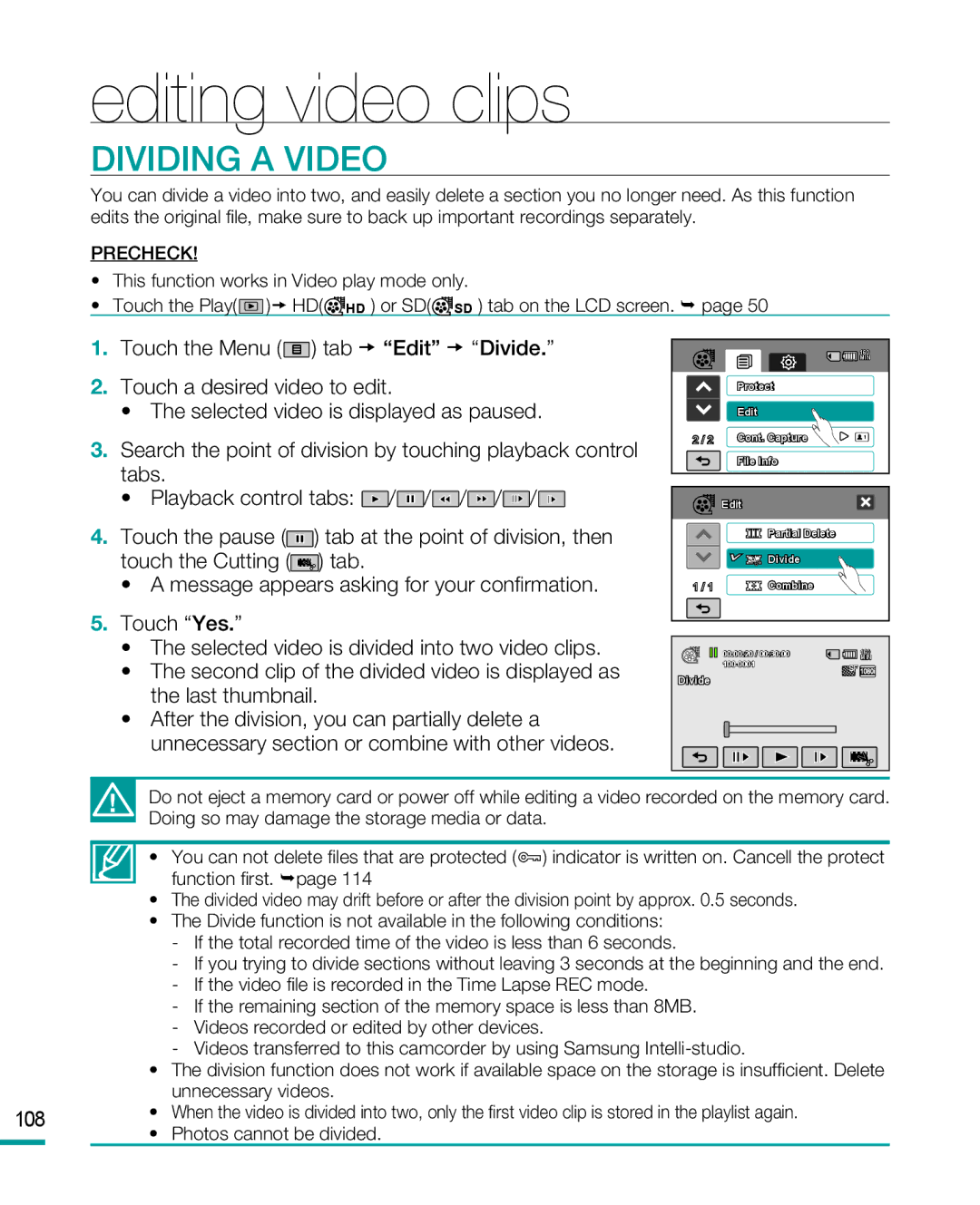 Samsung HMX-R10BP, HMX-R10SP user manual Dividing a Video 