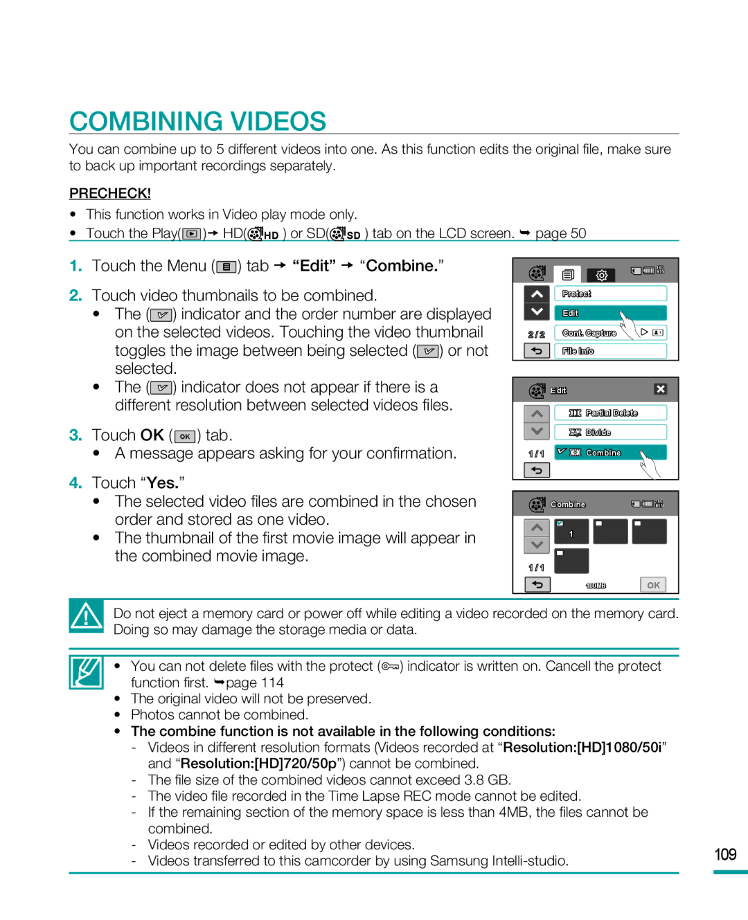 Samsung HMX-R10SP, HMX-R10BP user manual Combining Videos, 109 