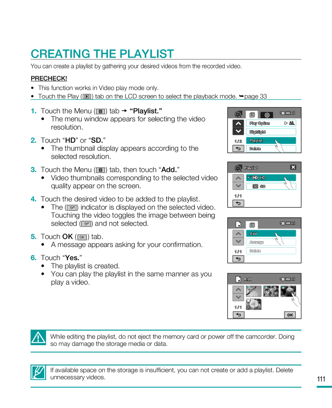 Samsung HMX-R10SP, HMX-R10BP user manual Creating the Playlist, 111 