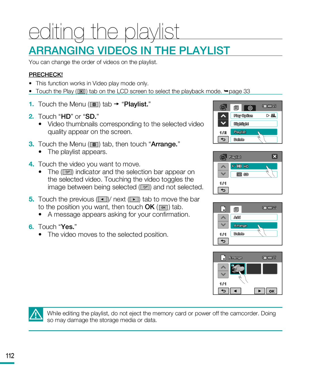 Samsung HMX-R10BP, HMX-R10SP user manual Arranging Videos in the Playlist, 112 