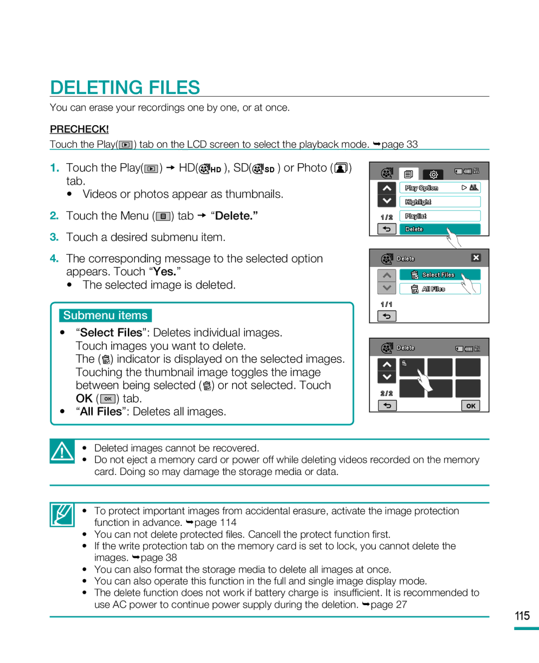 Samsung HMX-R10SP, HMX-R10BP user manual Deleting Files, Selected image is deleted, 115 