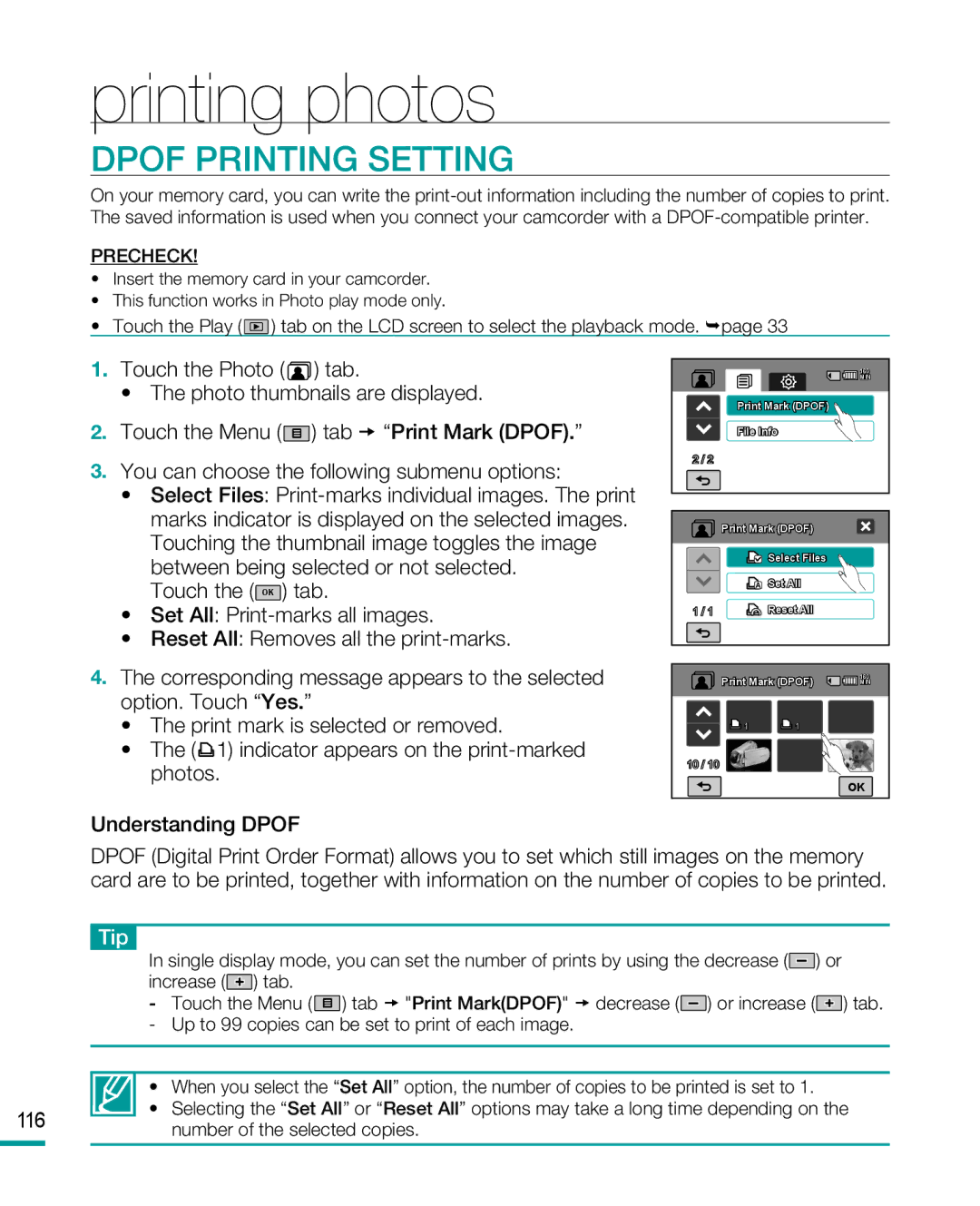 Samsung HMX-R10BP, HMX-R10SP user manual Printing photos, Dpof Printing Setting, Understanding Dpof 