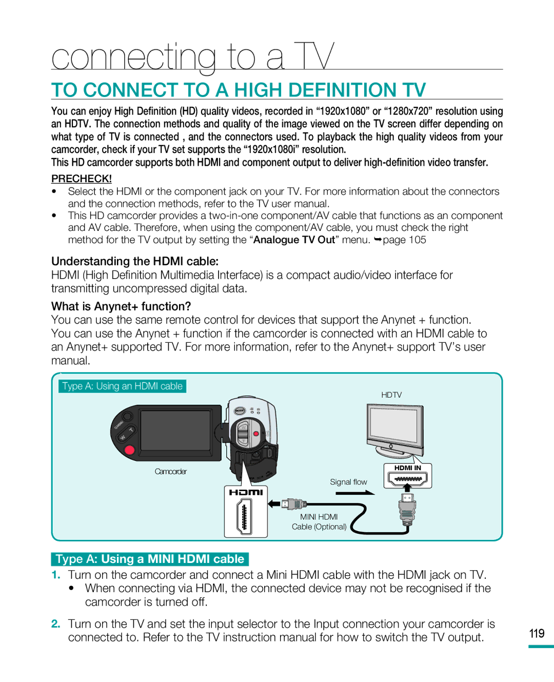 Samsung HMX-R10SP, HMX-R10BP user manual Connecting to a TV, To Connect to a High Definition TV 