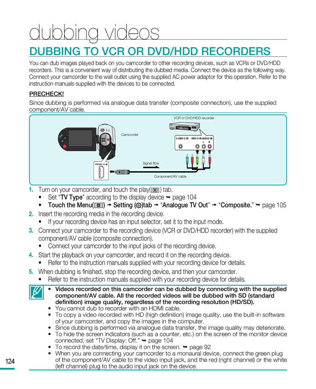 Samsung HMX-R10BP, HMX-R10SP user manual Dubbing videos, Dubbing to VCR or DVD/HDD Recorders 