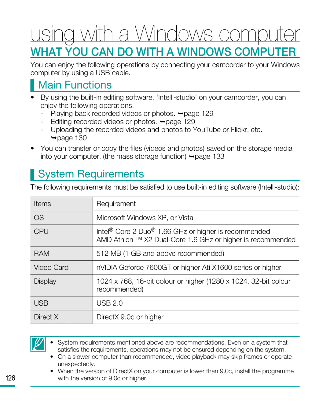 Samsung HMX-R10BP, HMX-R10SP user manual What YOU can do with a Windows Computer, Main Functions, System Requirements 