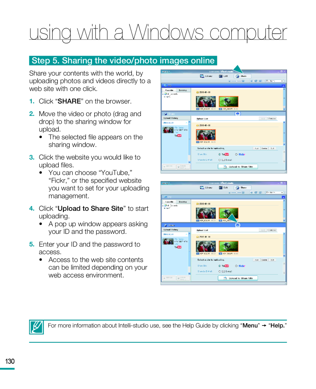 Samsung HMX-R10BP, HMX-R10SP user manual Sharing the video/photo images online, 130 