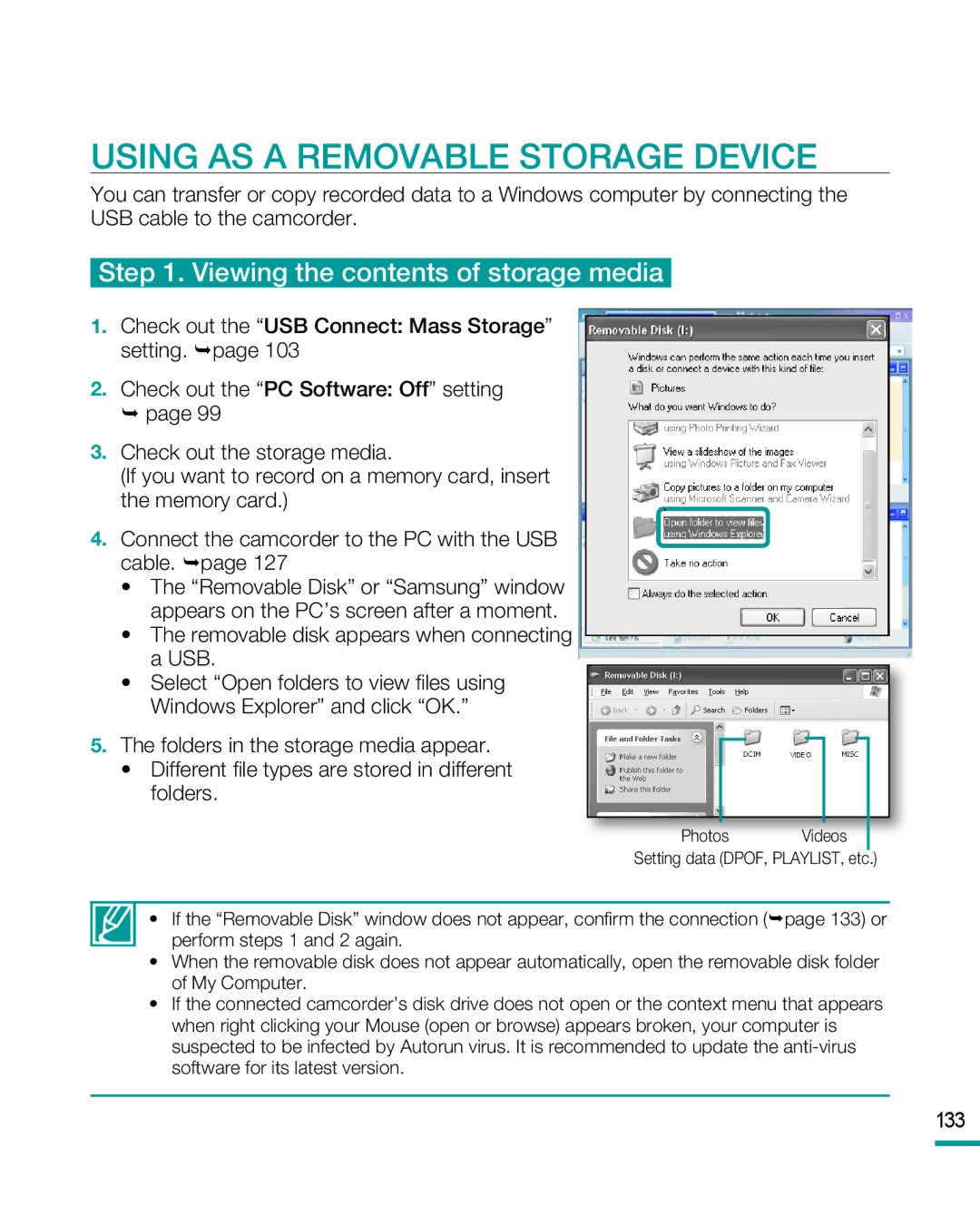 Samsung HMX-R10SP, HMX-R10BP user manual Using AS a Removable Storage Device, Viewing the contents of storage media 