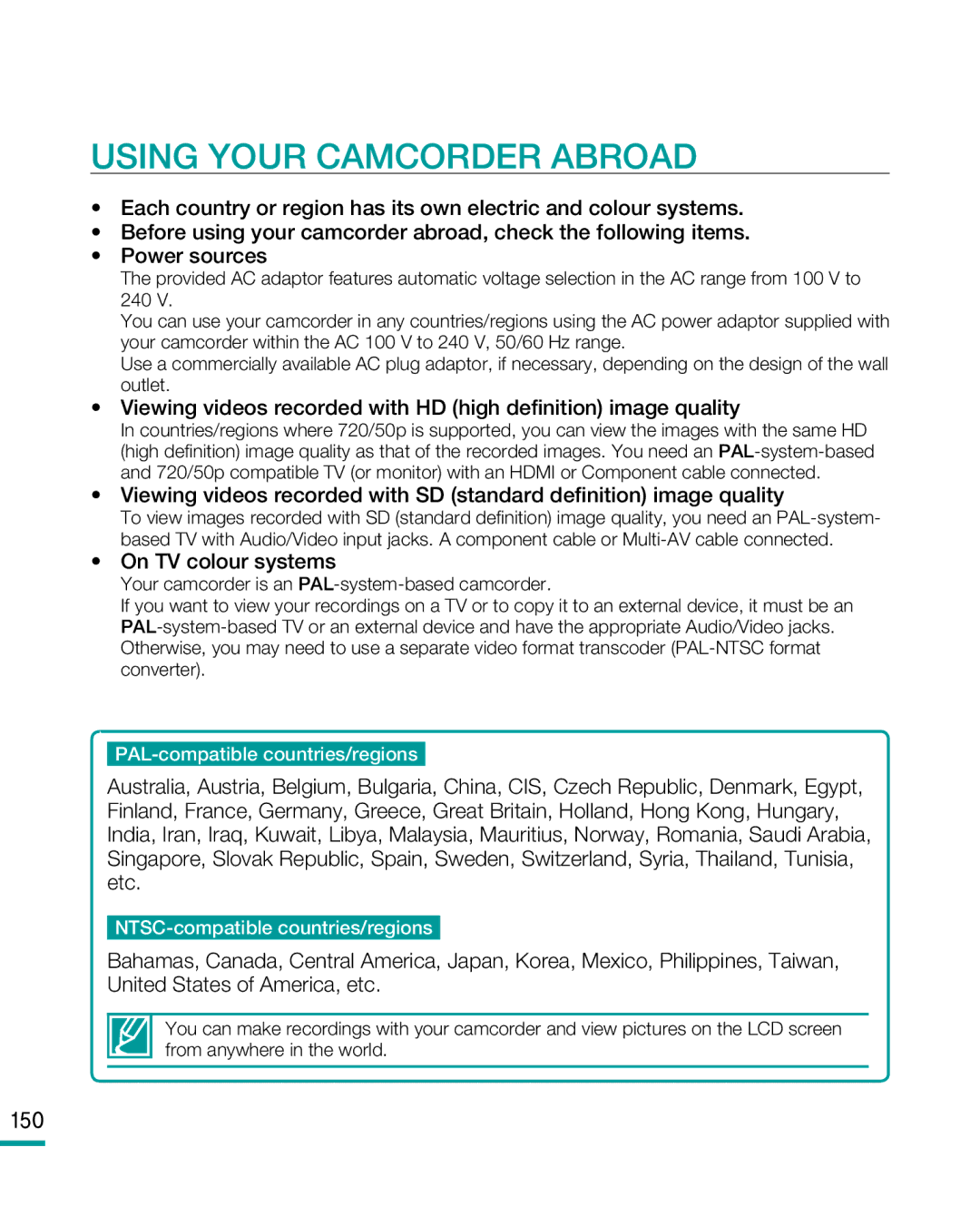 Samsung HMX-R10BP, HMX-R10SP user manual Using Your Camcorder Abroad, On TV colour systems, 150 