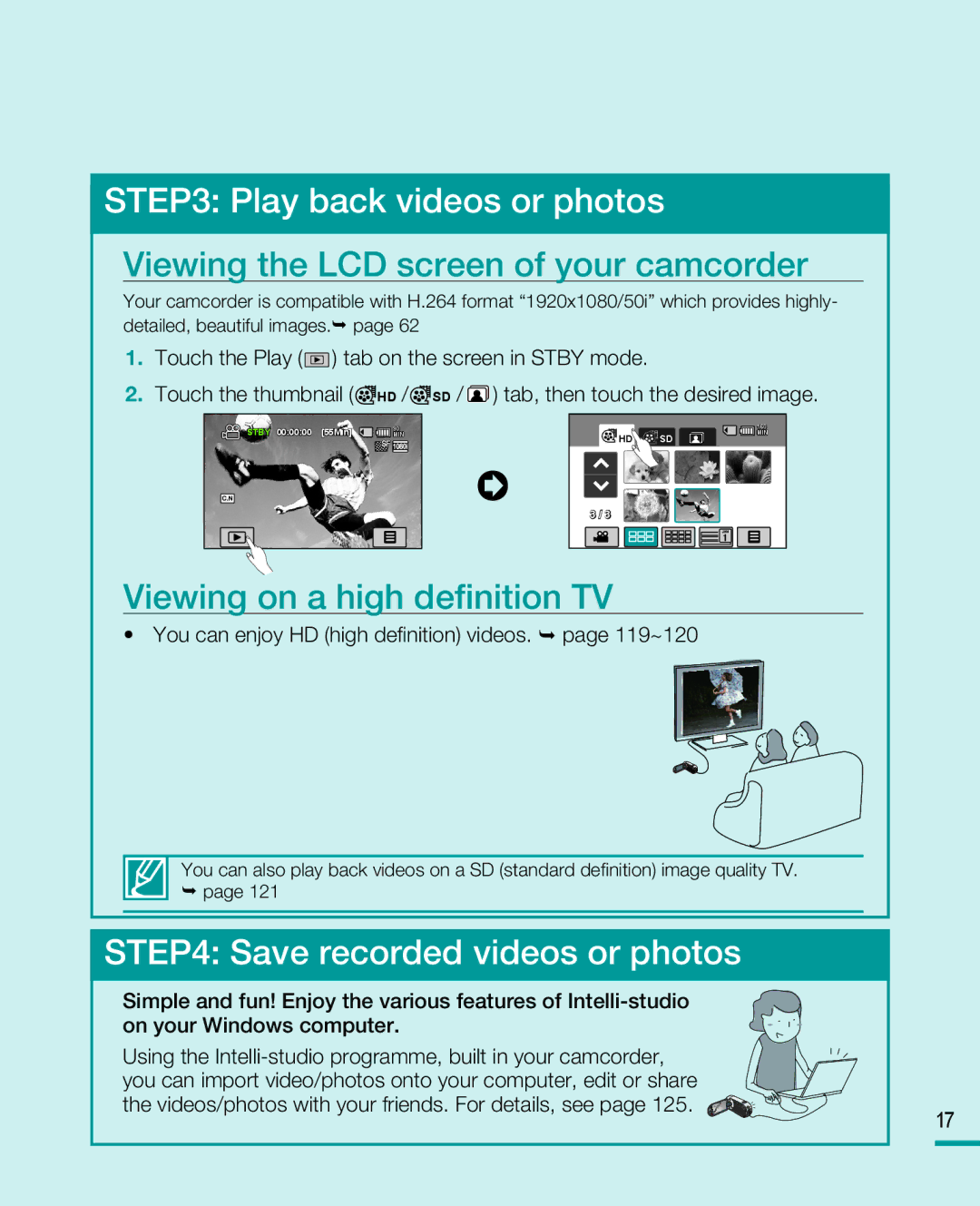 Samsung HMX-R10SP, HMX-R10BP user manual Viewing the LCD screen of your camcorder, Viewing on a high definition TV 