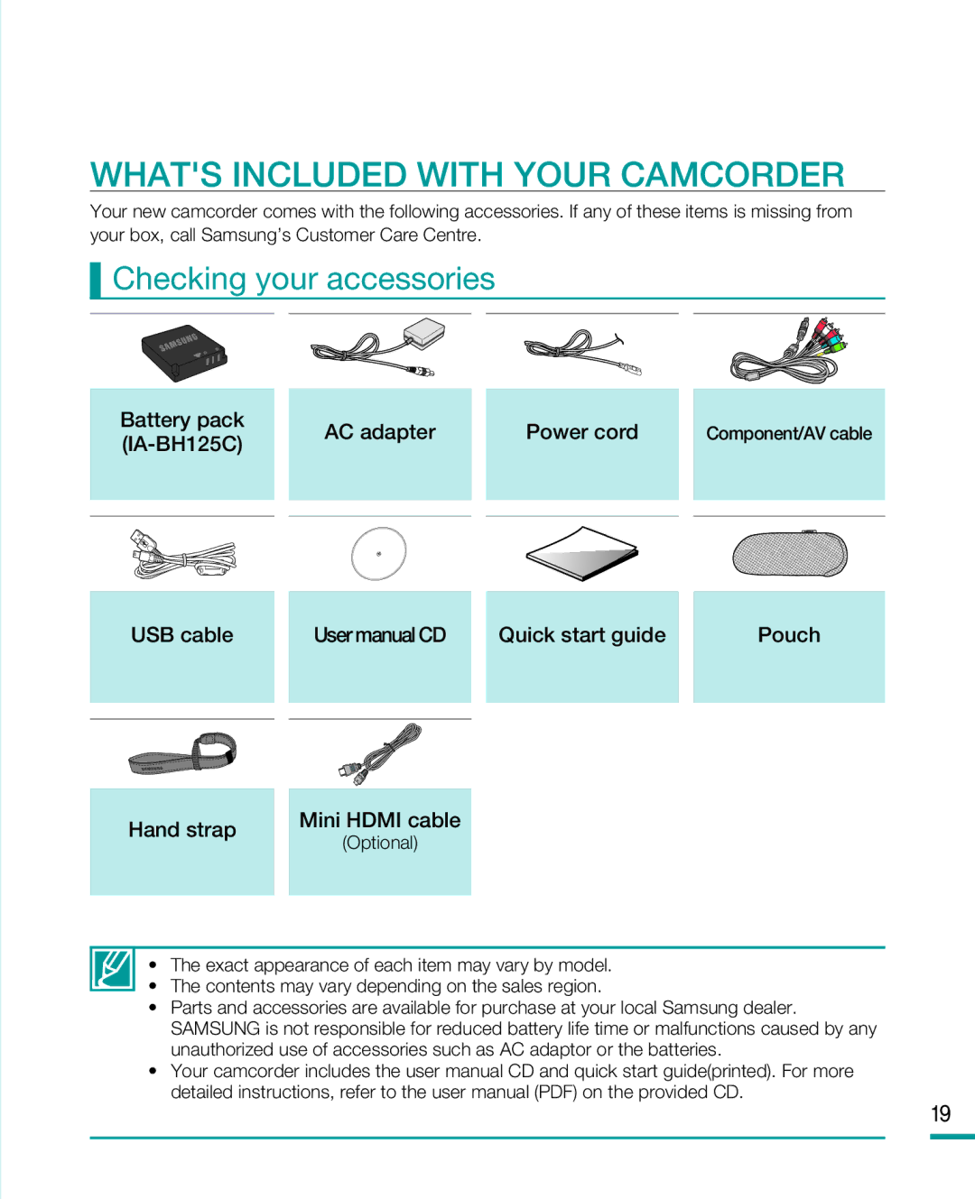 Samsung HMX-R10SP Whats Included with Your Camcorder, Checking your accessories, Battery pack AC adapter Power cord 