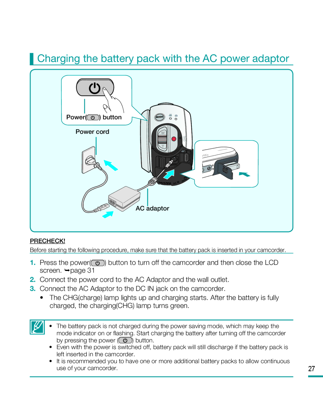 Samsung HMX-R10SP, HMX-R10BP user manual Charging the battery pack with the AC power adaptor, AC adaptor 