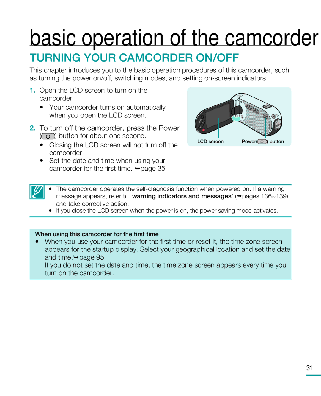 Samsung HMX-R10SP, HMX-R10BP user manual Turning Your Camcorder ON/OFF, Open the LCD screen to turn on the camcorder 